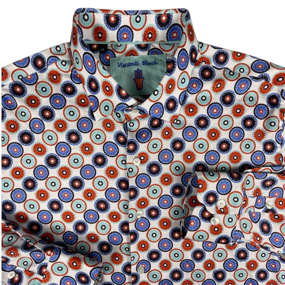 Visconti Black Button Up Mens XL White Geometric Circle Print Long Sleeve Shirt
